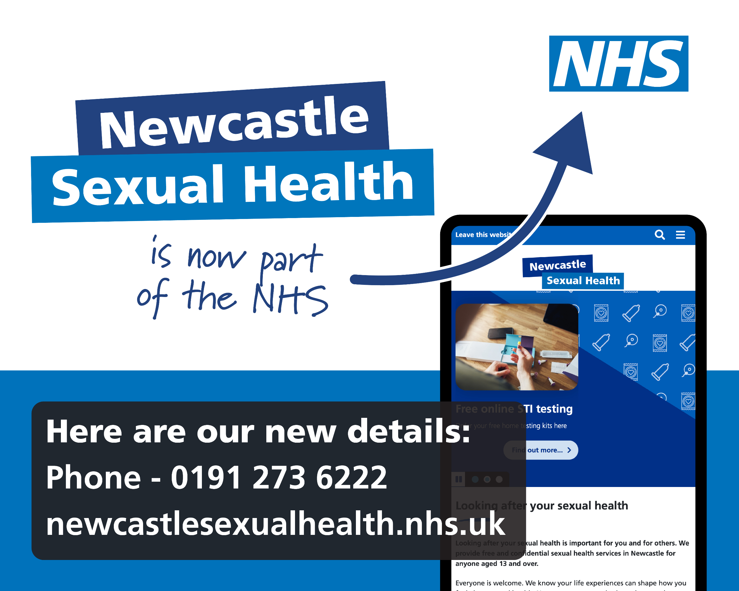 Graphic image which shows a phone featuring the new Newcastle Sexual Health website. Text says that the service is now back with the NHS and features the new contact details - phone number 0191 273 6222, website www.newcastlesexualhealth.nhs.uk